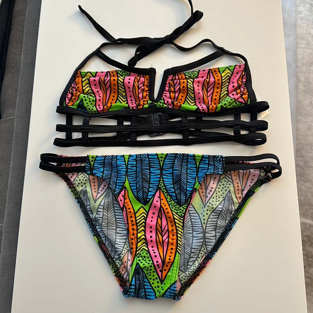 ASOS neon feather print bikini. Bottoms NWT; top worn once at a festival. Sz 4